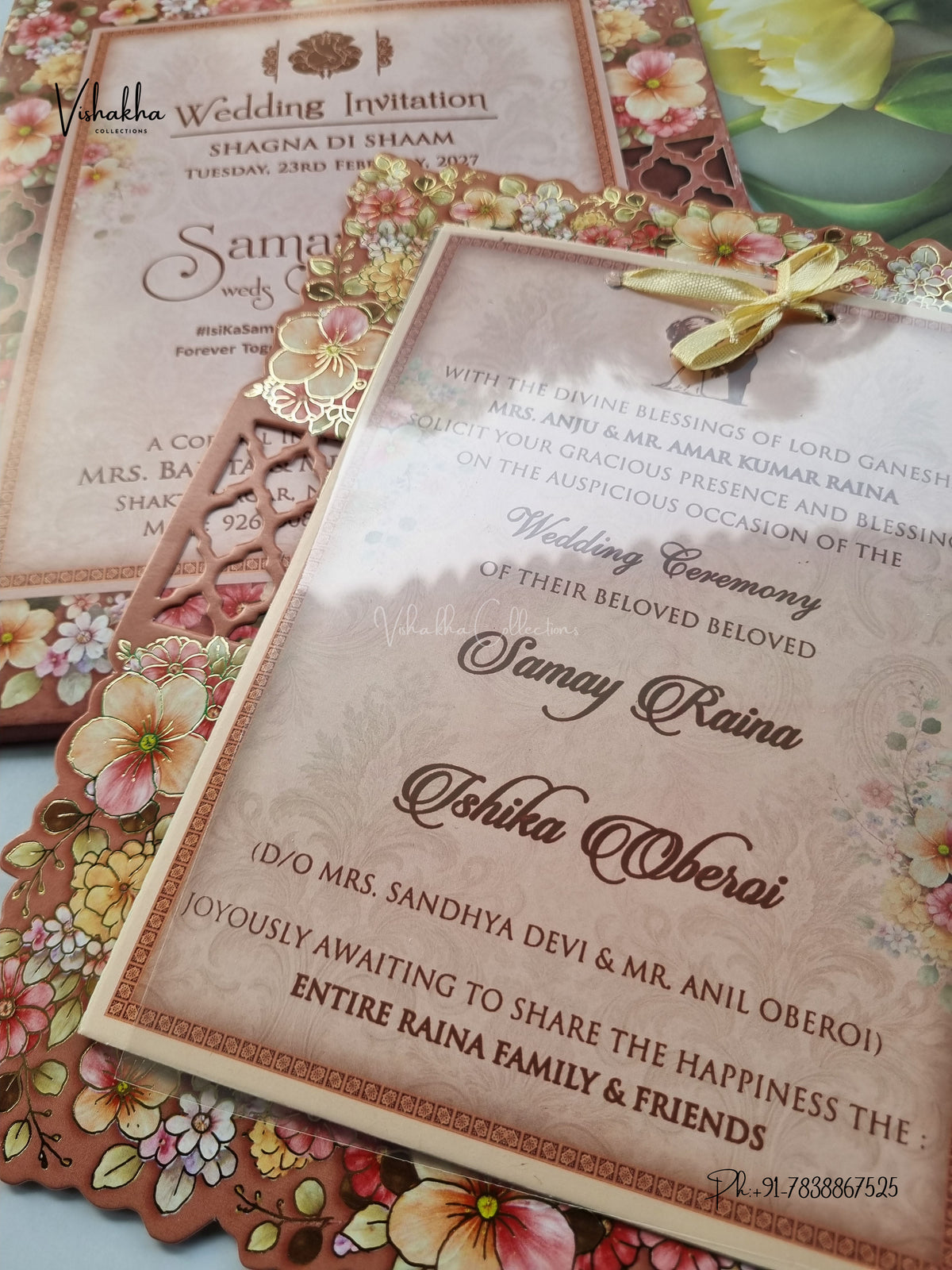 Semi Box Ribbon Carry Bag Flower Hindu Muslim Christian Sikh Jain invitation Cards ATS-4342 – image 2