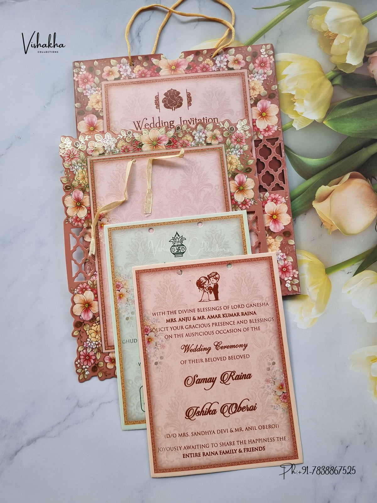 Semi Box Ribbon Carry Bag Flower Hindu Muslim Christian Sikh Jain invitation Cards ATS-4342 – image 3