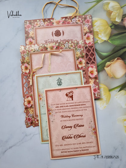 Semi Box Ribbon Carry Bag Flower Hindu Muslim Christian Sikh Jain invitation Cards ATS-4342 – image 3