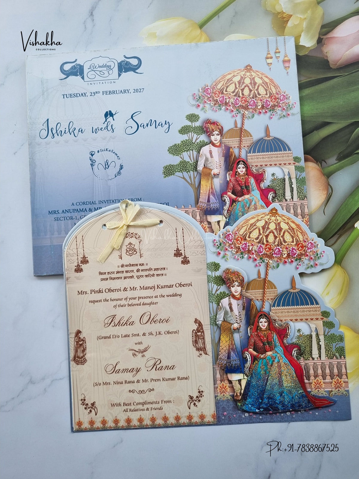 Semi Box Ribbon Dulah Dulhan 3D Pop Up Hindu Sikh Jain invitation Cards ATS-4344 – image 1