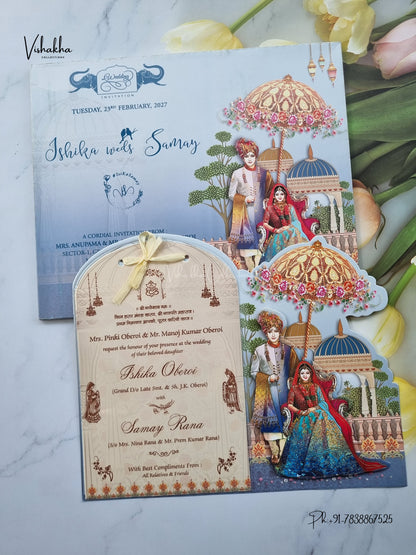 Semi Box Ribbon Dulah Dulhan 3D Pop Up Hindu Sikh Jain invitation Cards ATS-4344 – image 1