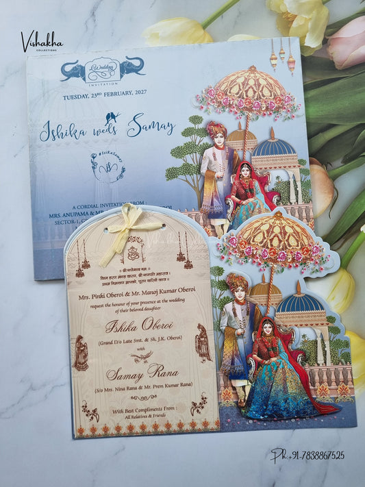 Semi Box Ribbon Dulah Dulhan 3D Pop Up Hindu Sikh Jain invitation Cards ATS-4344 – image 1