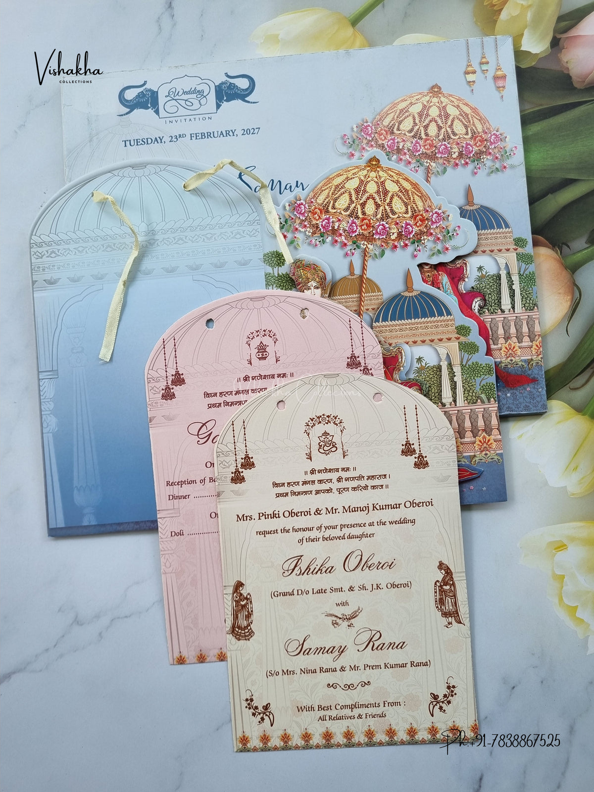 Semi Box Ribbon Dulah Dulhan 3D Pop Up Hindu Sikh Jain invitation Cards ATS-4344 – image 3