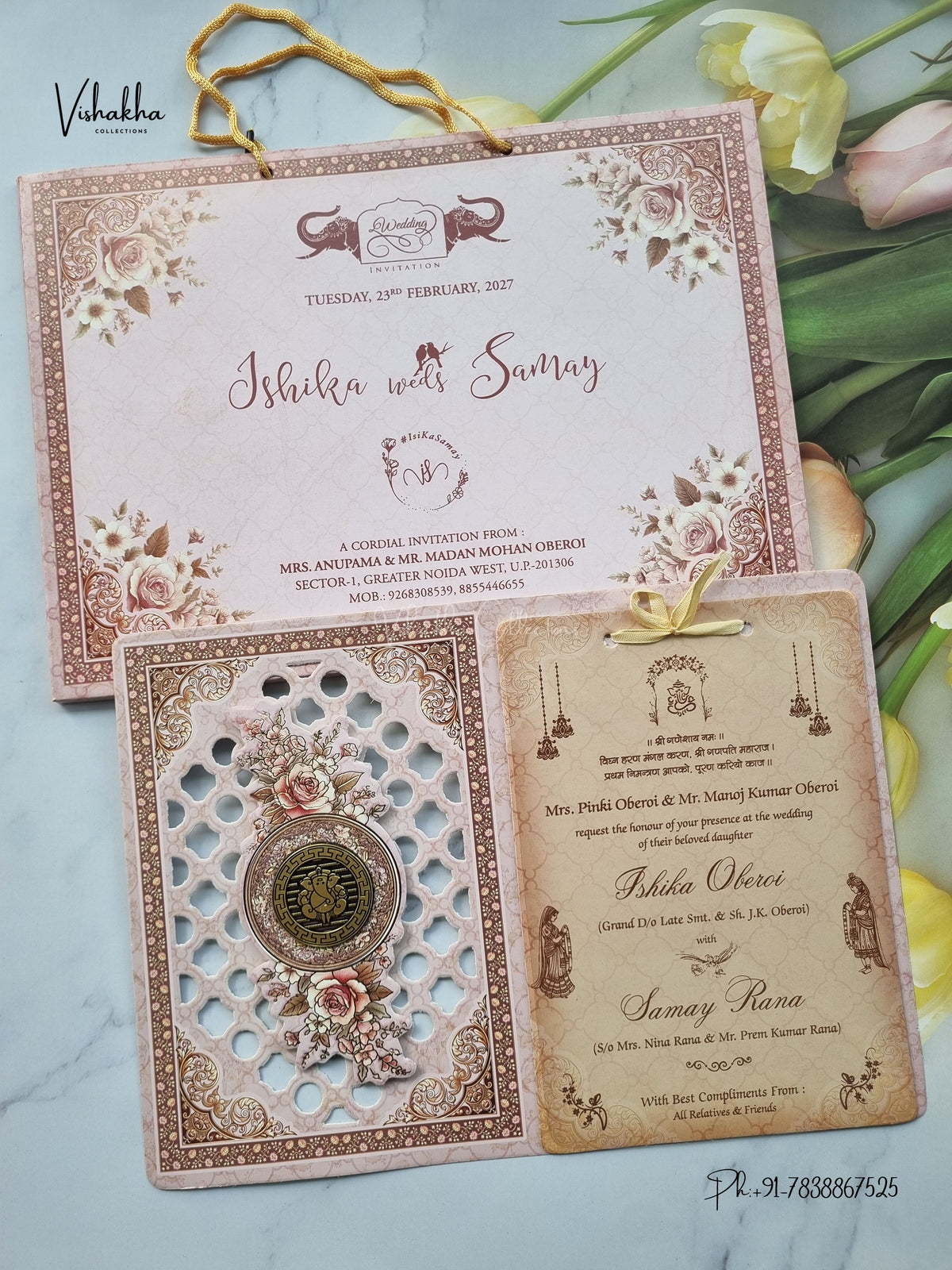 Semi Box Ribbon Carry Bag Ganesh Ji Flower Hindu Jain invitation Cards ATS-4345 – image 1