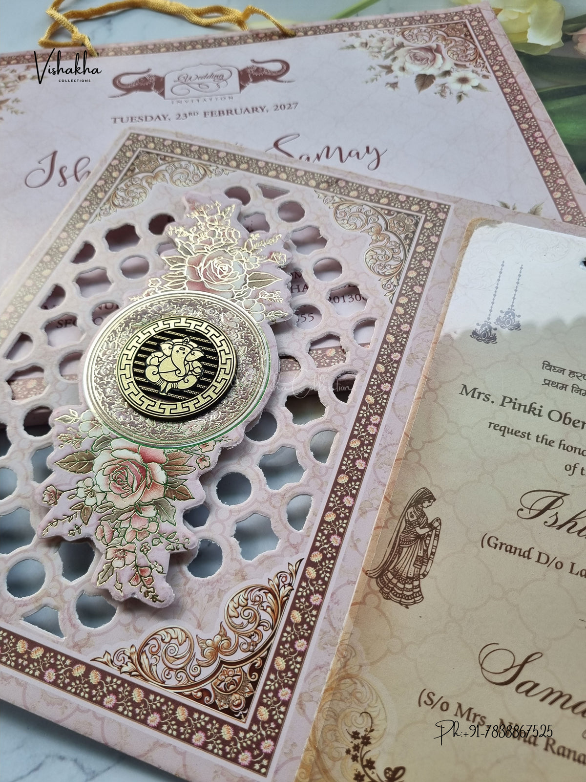 Semi Box Ribbon Carry Bag Ganesh Ji Flower Hindu Jain invitation Cards ATS-4345 – image 2