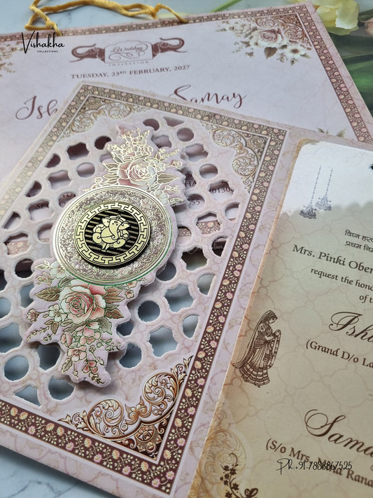 Semi Box Ribbon Carry Bag Ganesh Ji Flower Hindu Jain invitation Cards ATS-4345 – image 2