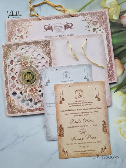 Semi Box Ribbon Carry Bag Ganesh Ji Flower Hindu Jain invitation Cards ATS-4345 – image 3