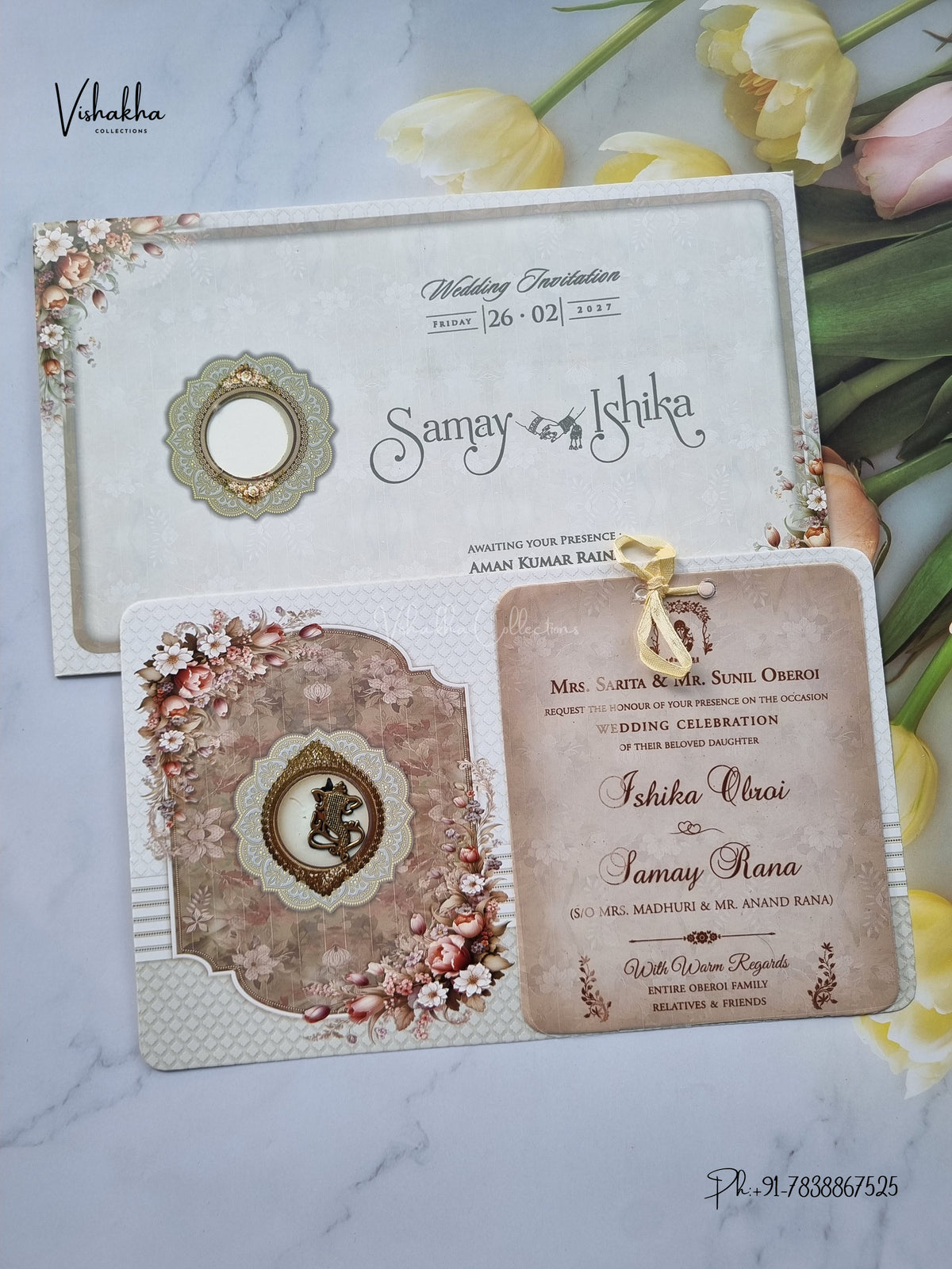 Ribbon Flower Ganesh Ji Hindu Jain invitation Cards ATS-4351 – image 1