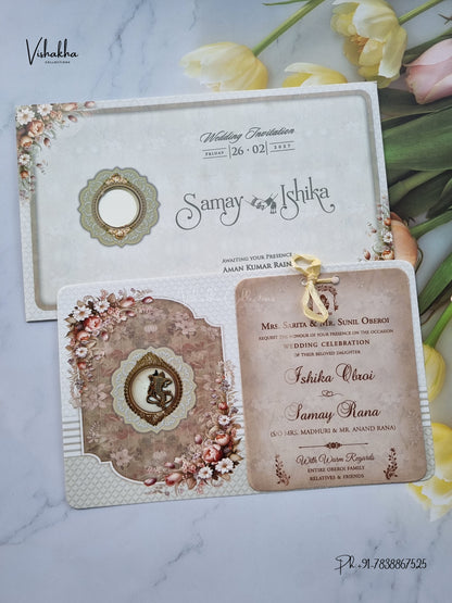 Ribbon Flower Ganesh Ji Hindu Jain invitation Cards ATS-4351 – image 1