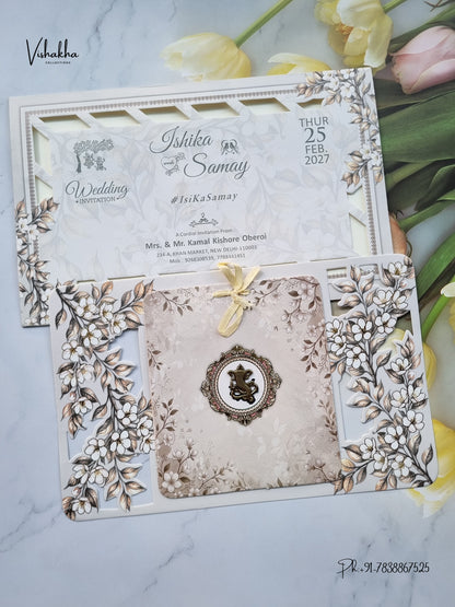 Ribbon Flower Ganesh Ji Hindu Jain invitation Cards ATS-4352 – image 1