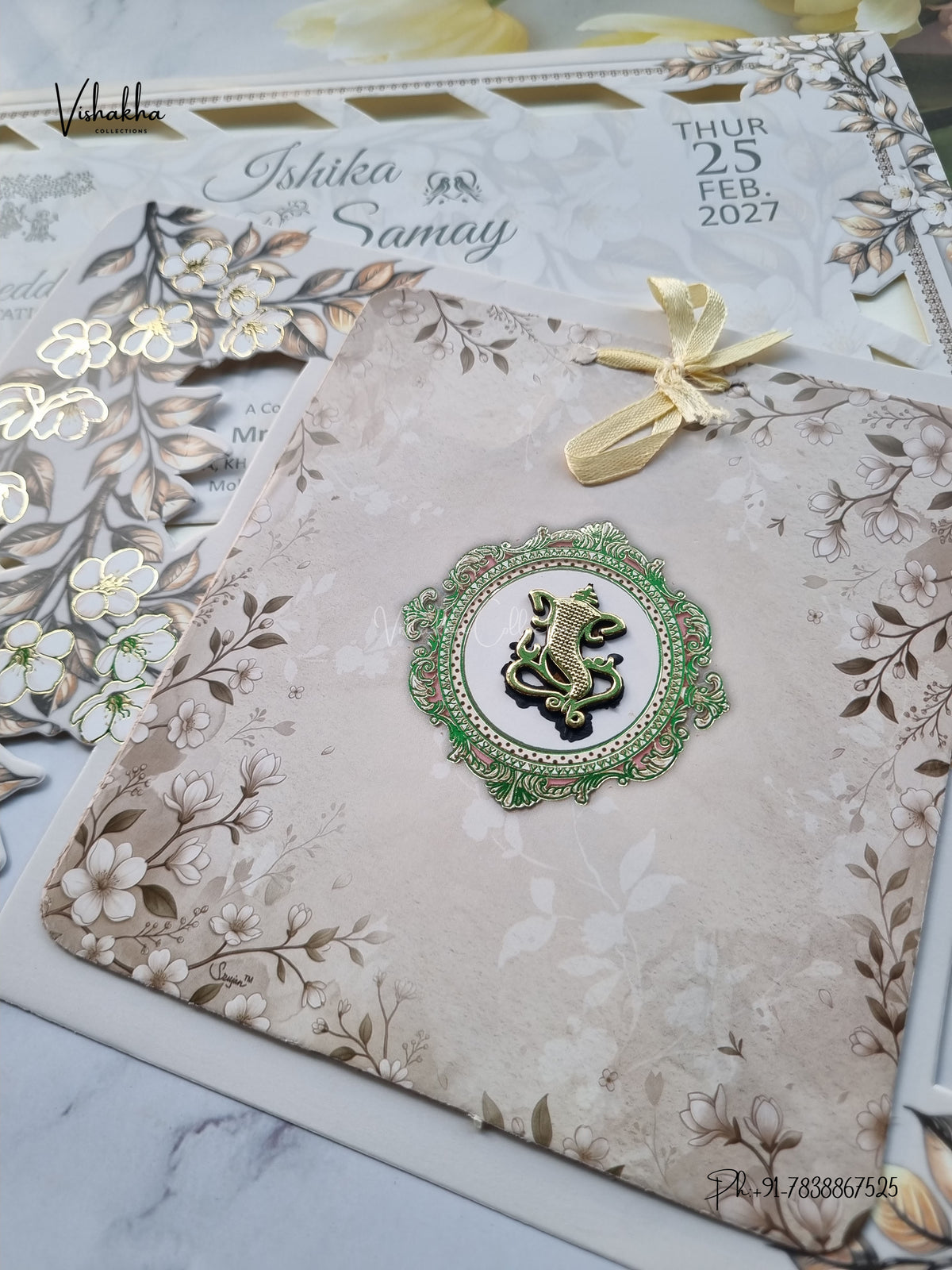 Ribbon Flower Ganesh Ji Hindu Jain invitation Cards ATS-4352 – image 2