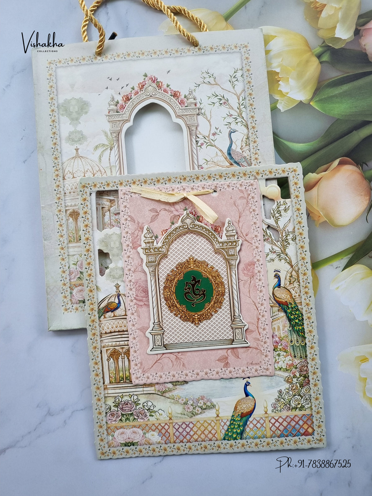 Semi Box Padded Ribbon Ganesh Ji Peacock Hindu Jain invitation Cards ATS-4355 – image 1