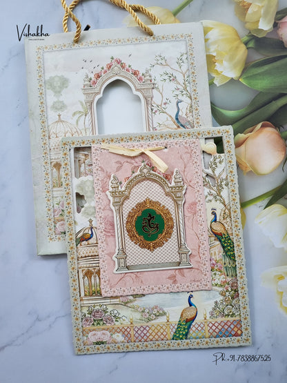 Semi Box Padded Ribbon Ganesh Ji Peacock Hindu Jain invitation Cards ATS-4355 – image 1