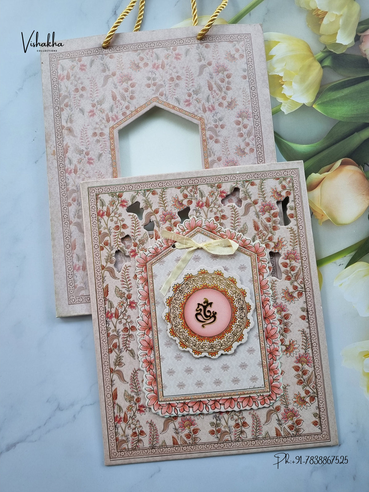 Semi Box Padded Ribbon Ganesh Ji Flower Hindu Jain invitation Cards ATS-4357 – image 1