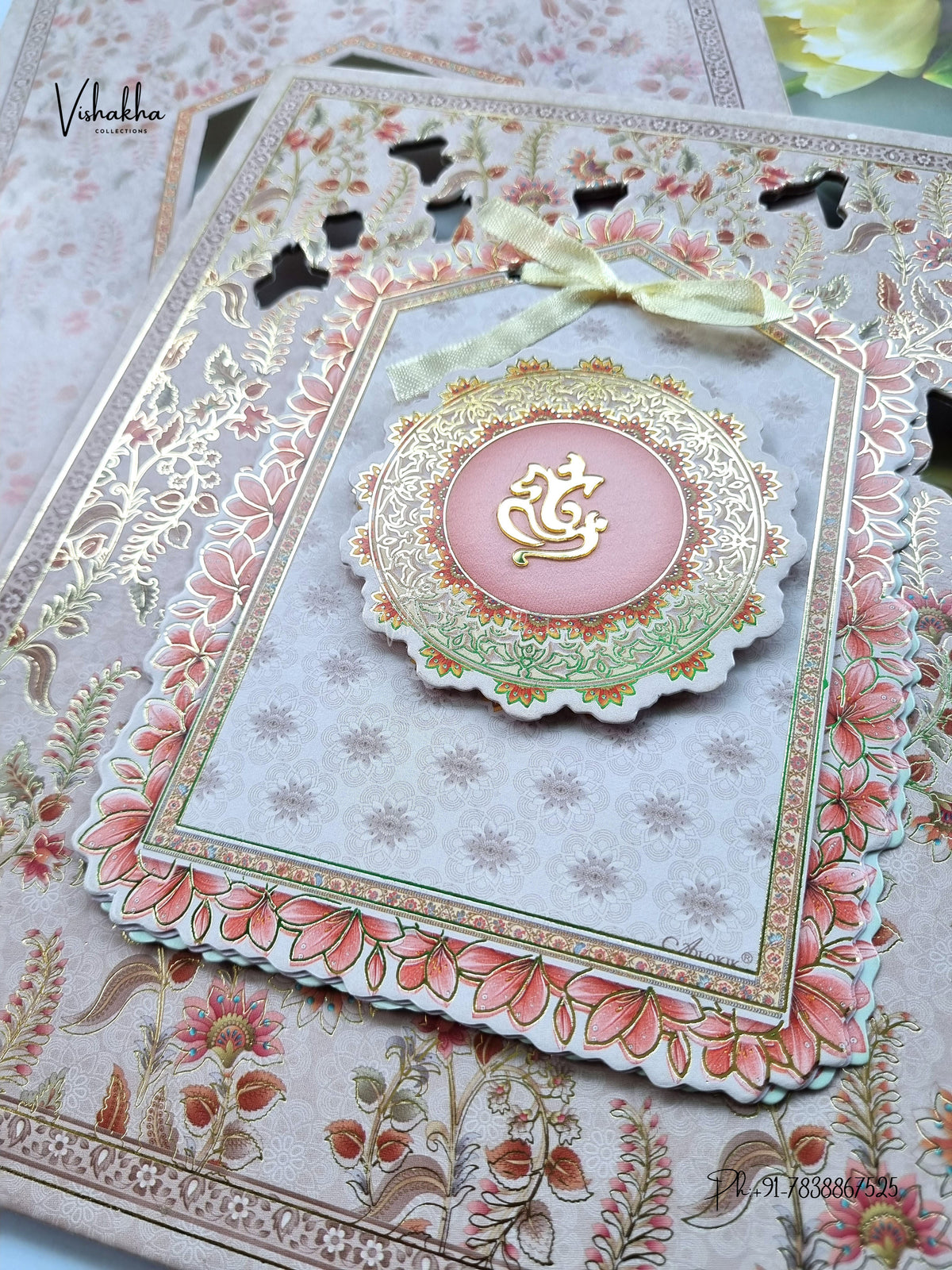 Semi Box Padded Ribbon Ganesh Ji Flower Hindu Jain invitation Cards ATS-4357 – image 2