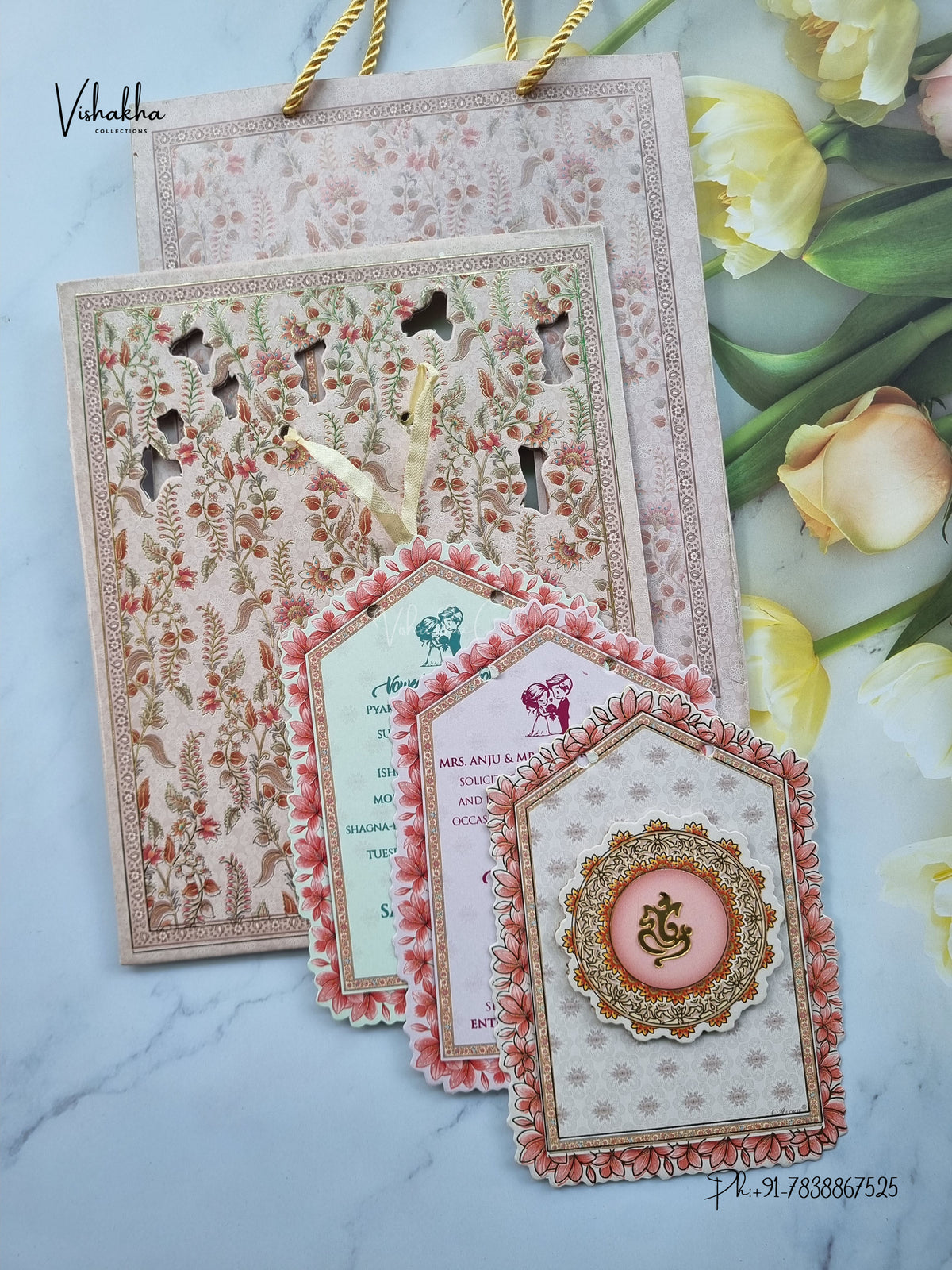 Semi Box Padded Ribbon Ganesh Ji Flower Hindu Jain invitation Cards ATS-4357 – image 3