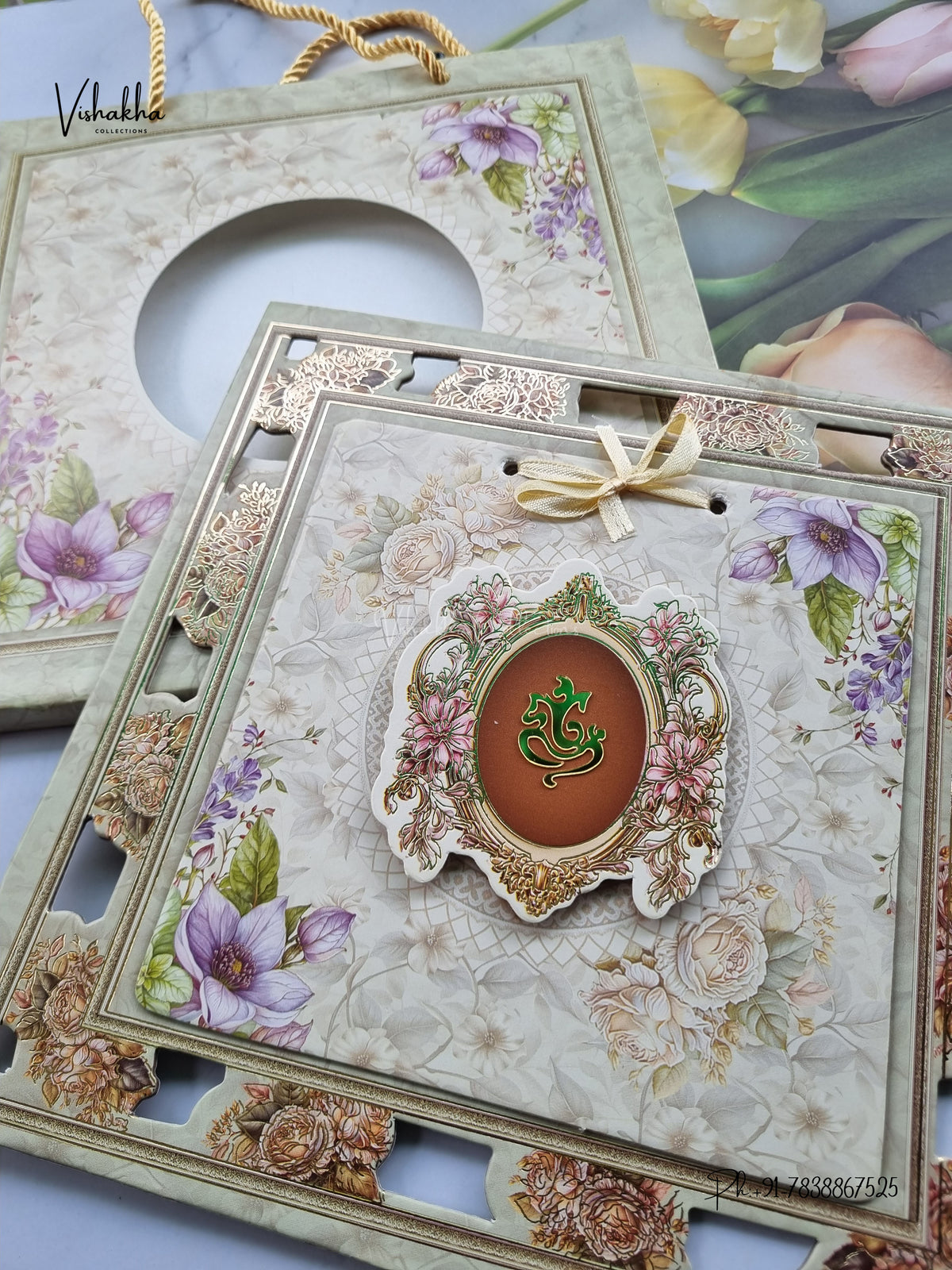 Semi Box Padded Ribbon Ganesh Ji 3D Pop Up Hindu Jain invitation Cards ATS-4360 – image 2
