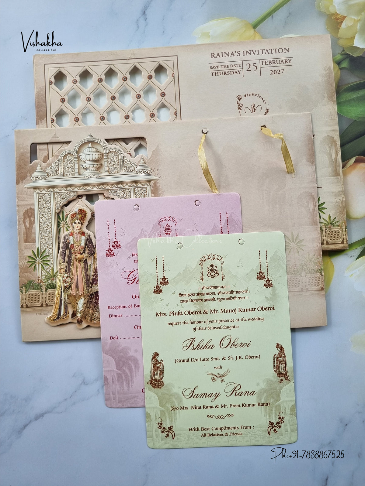 Semi Box Padded Ribbon Dulah Dulhan Hindu Sikh Jain invitation Cards ATS-4363 – image 3