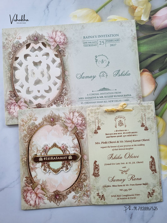 Semi Box Padded Ribbon Flower Hindu Muslim Christian Sikh Jain invitation Cards ATS-4366 – image 1