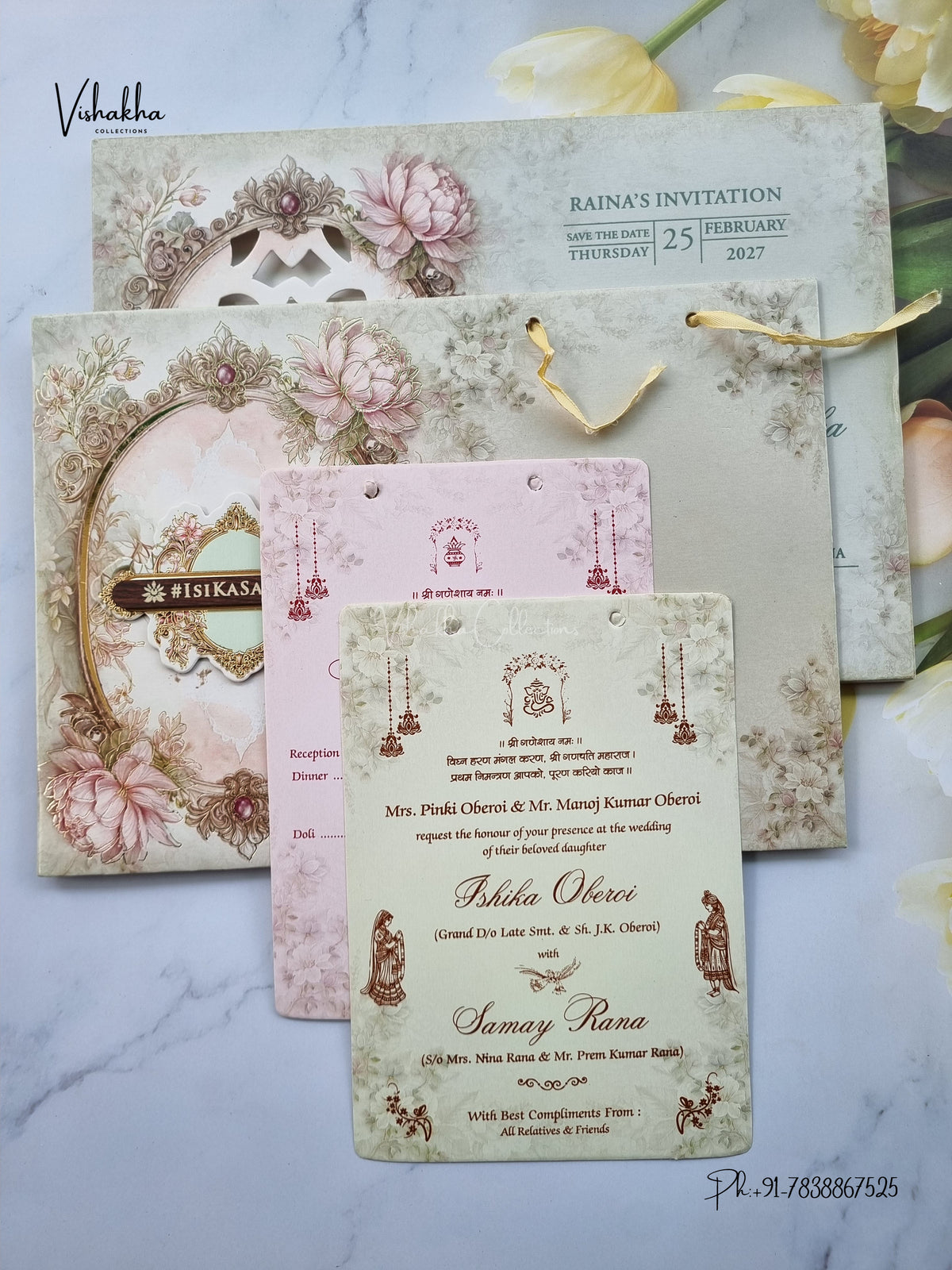 Semi Box Padded Ribbon Flower Hindu Muslim Christian Sikh Jain invitation Cards ATS-4366 – image 3
