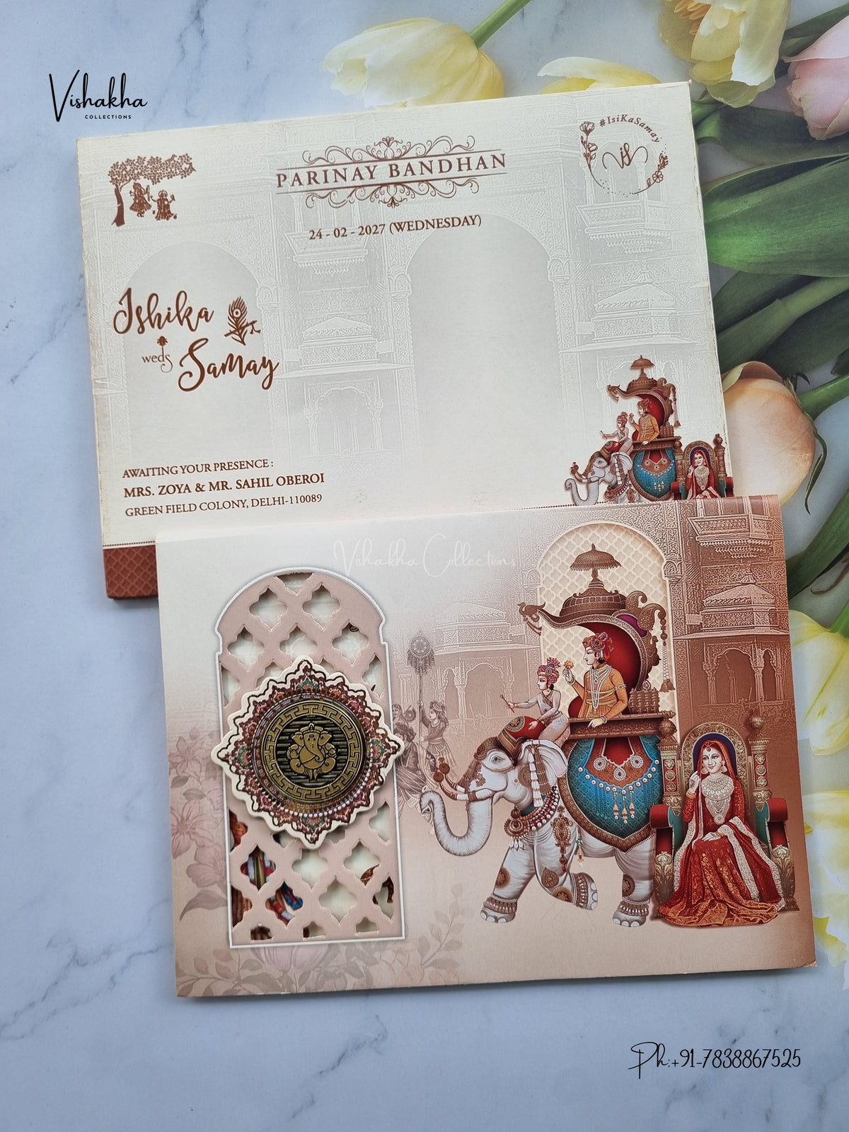 Semi Box Ganesh Ji Hathi Dulah Dulhan Hindu Jain invitation Cards ATS-5311 – image 1