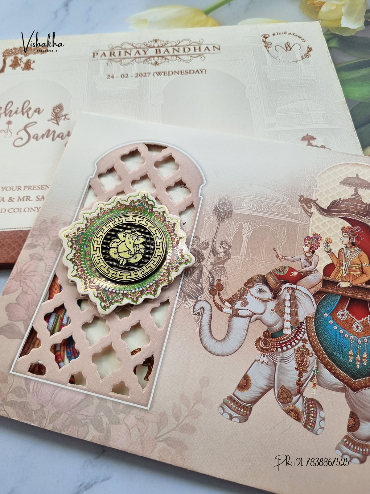 Semi Box Ganesh Ji Hathi Dulah Dulhan Hindu Jain invitation Cards ATS-5311 – image 2