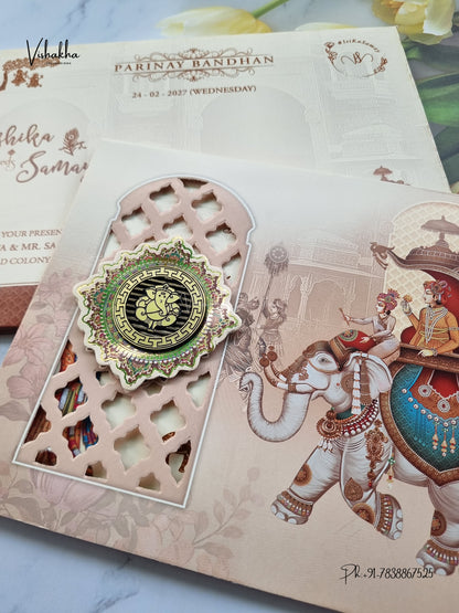 Semi Box Ganesh Ji Hathi Dulah Dulhan Hindu Jain invitation Cards ATS-5311 – image 2