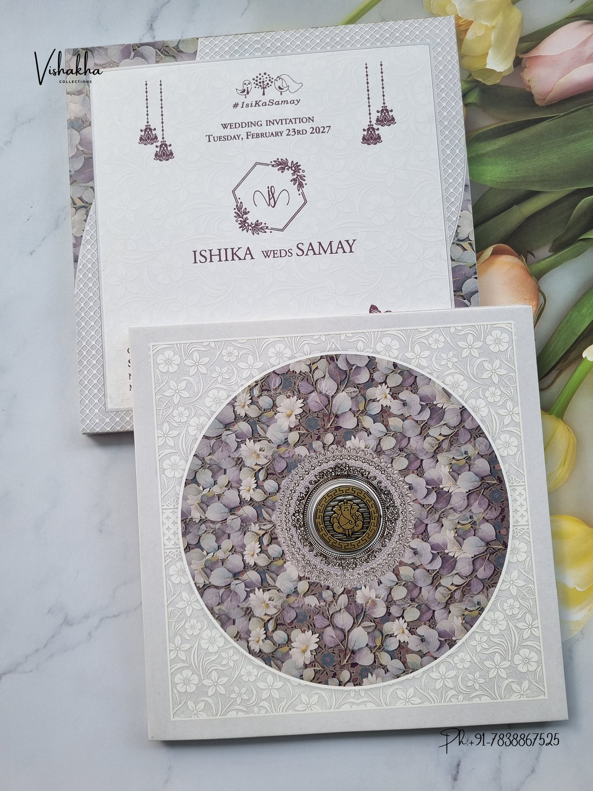 Semi Box Ganesh Ji Flower Hindu Jain invitation Cards ATS-5323 – image 1
