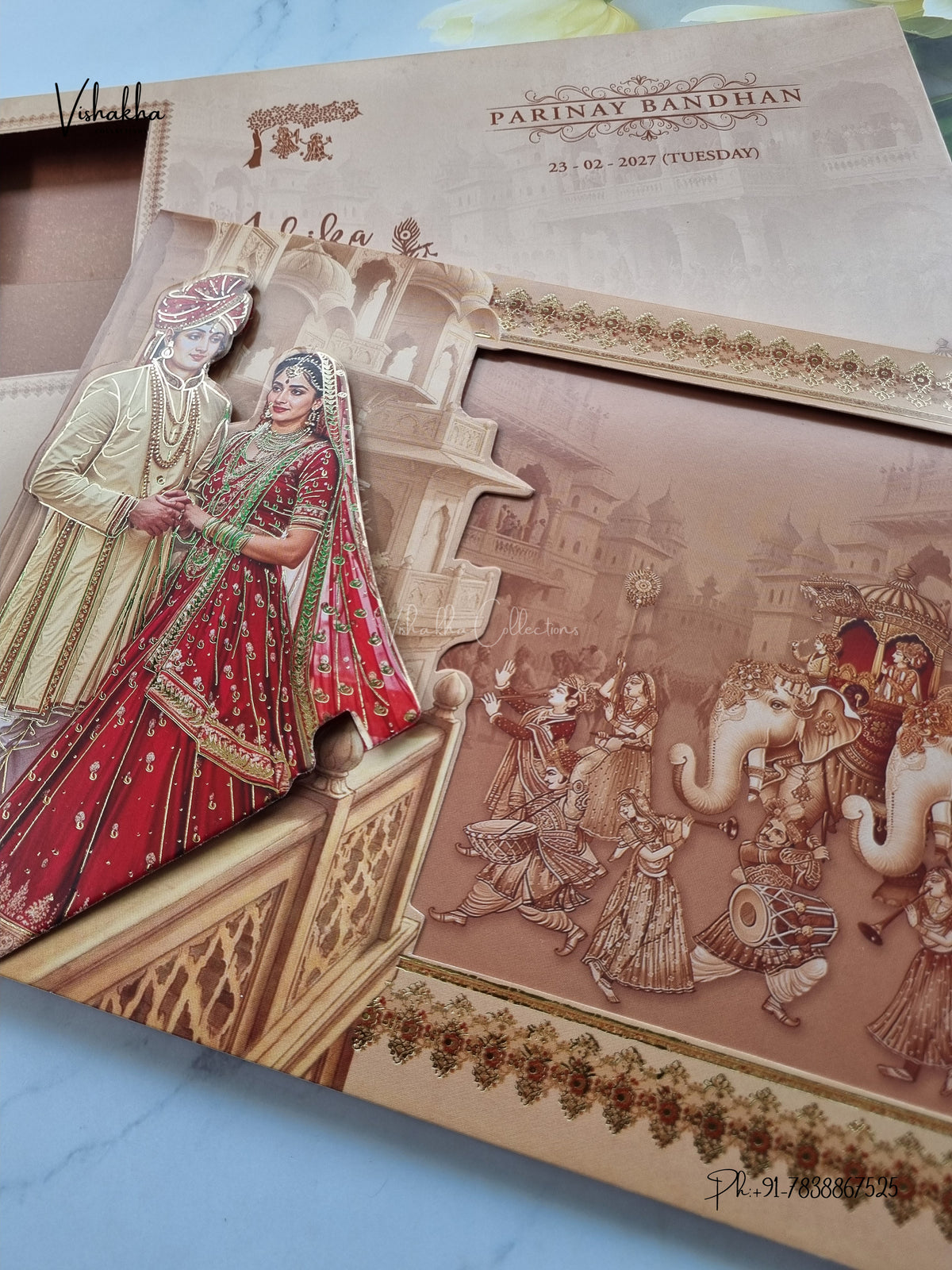 Semi Box Barat Dulah Dulhan 3D Pop Up Haveli Hindu Sikh Jain invitation Cards ATS-5327 – image 2