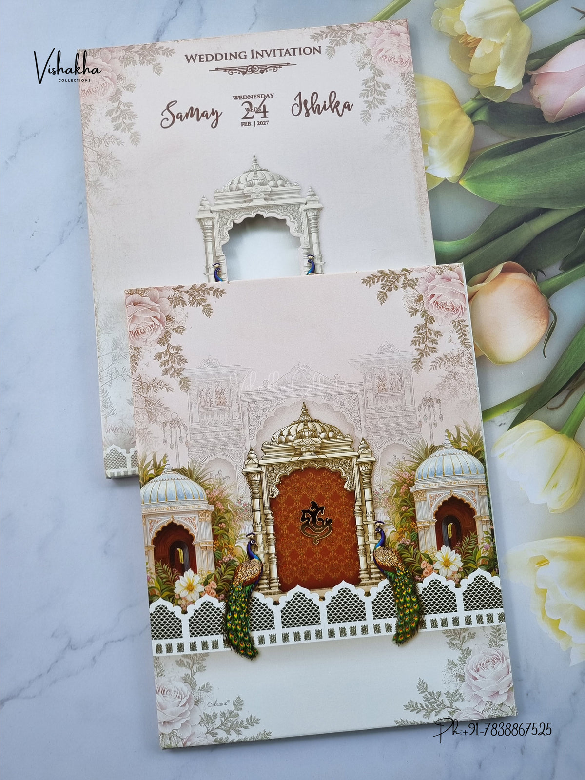 Semi Box Ganesh Ji Peacock Jharokha Hindu Jain invitation Cards ATS-5329 – image 1
