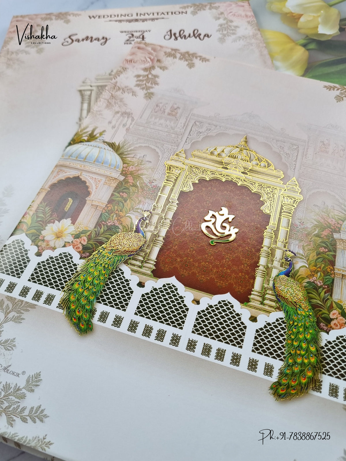 Semi Box Ganesh Ji Peacock Jharokha Hindu Jain invitation Cards ATS-5329 – image 2