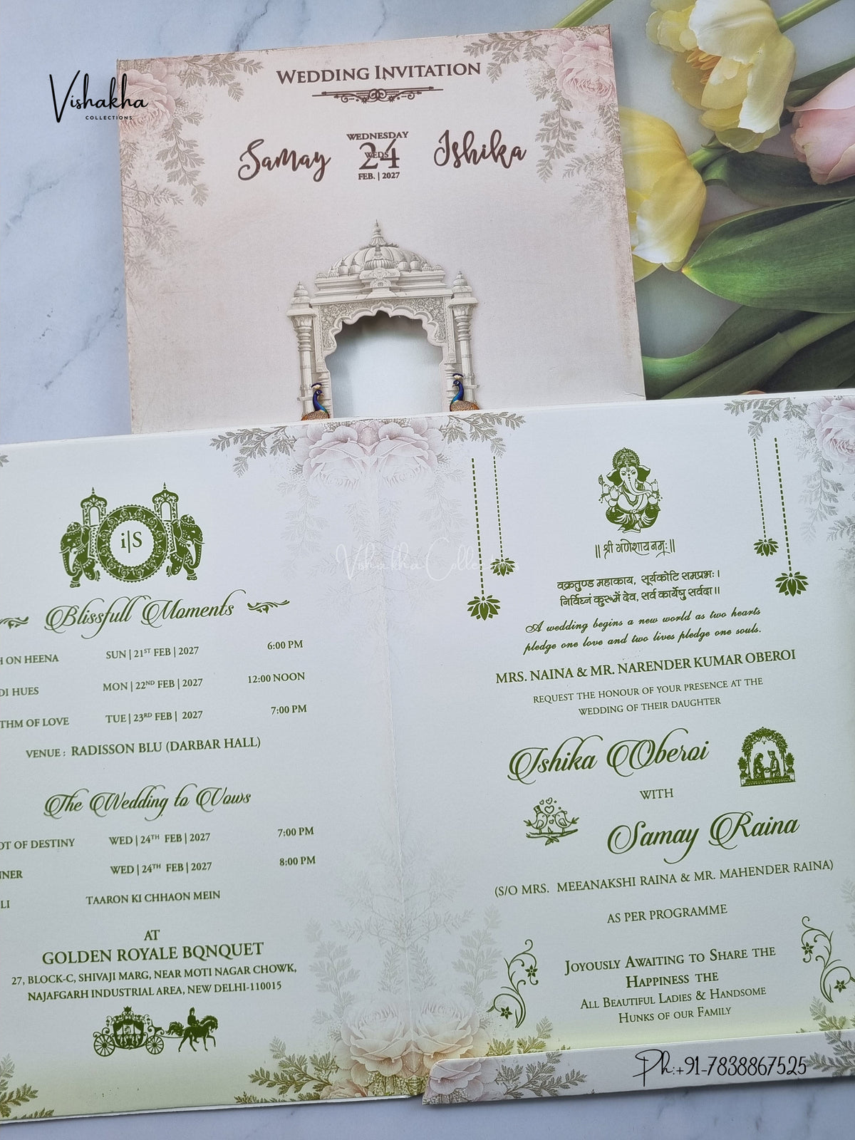 Semi Box Ganesh Ji Peacock Jharokha Hindu Jain invitation Cards ATS-5329 – image 3