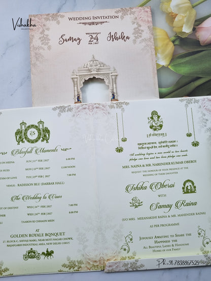 Semi Box Ganesh Ji Peacock Jharokha Hindu Jain invitation Cards ATS-5329 – image 3