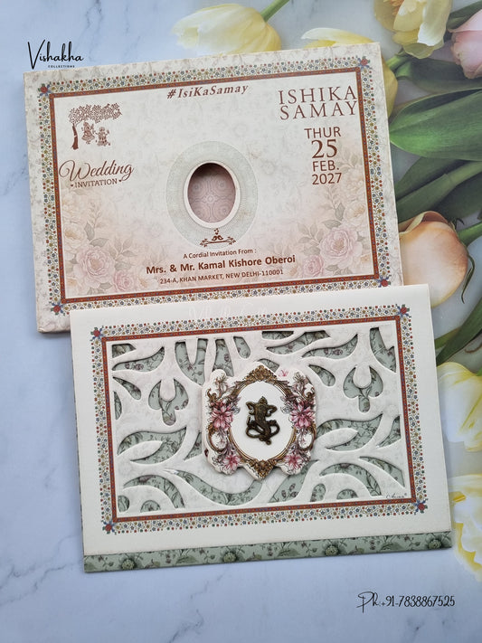 Semi Box Three Fold Ganesh Ji Flower Hindu Jain invitation Cards ATS-5338 – image 1