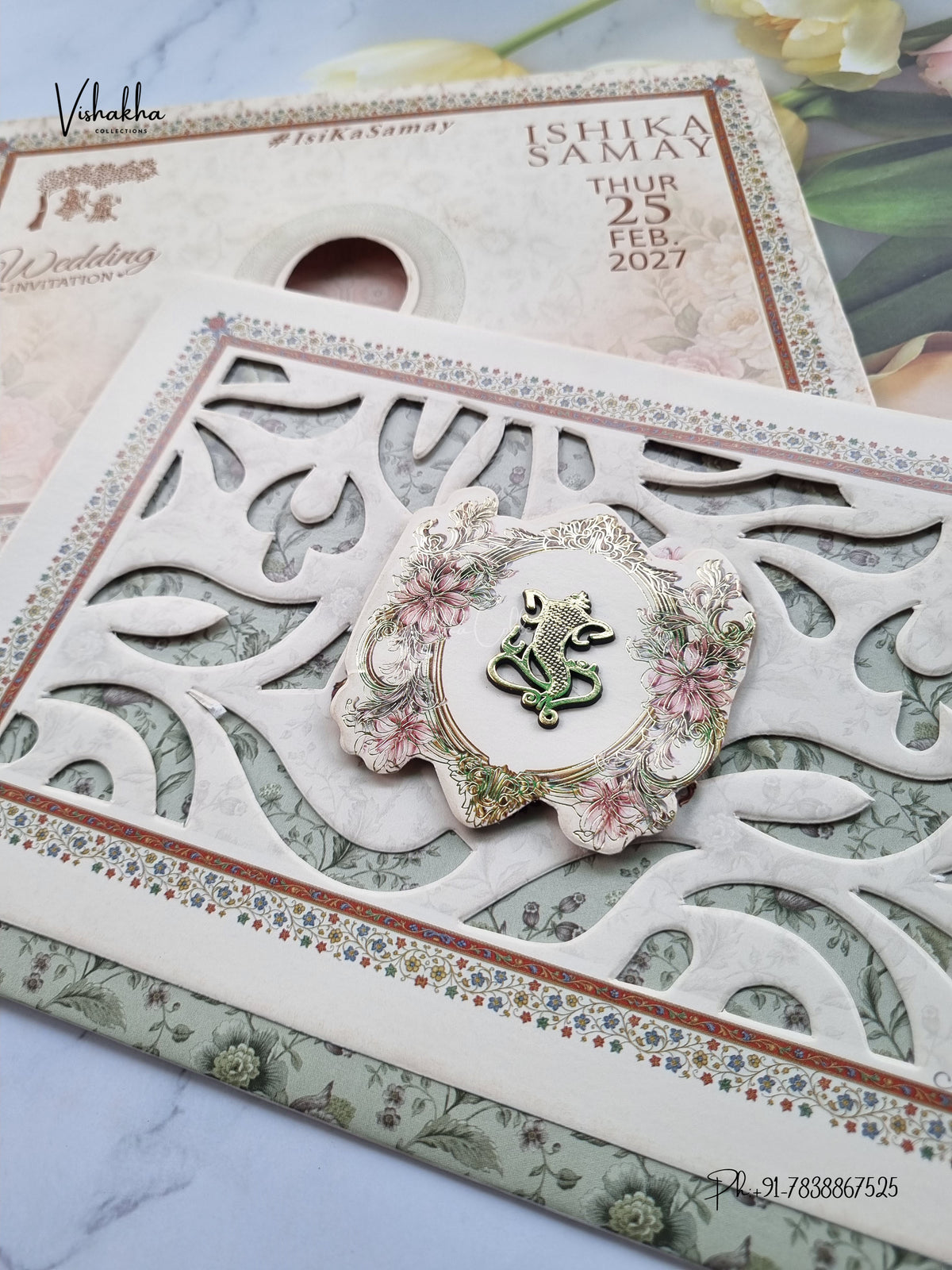 Semi Box Three Fold Ganesh Ji Flower Hindu Jain invitation Cards ATS-5338 – image 2