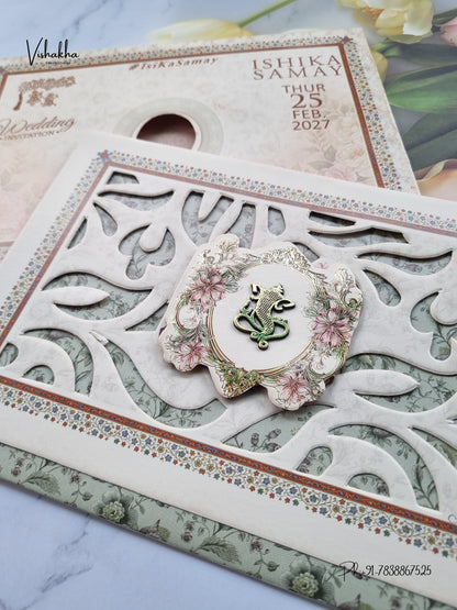 Semi Box Three Fold Ganesh Ji Flower Hindu Jain invitation Cards ATS-5338 – image 2