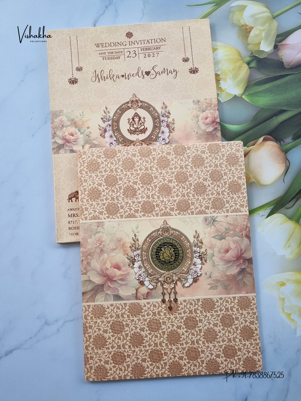 Semi Box Ganesh Ji Flower Hindu Jain invitation Cards ATS-5348 – image 1