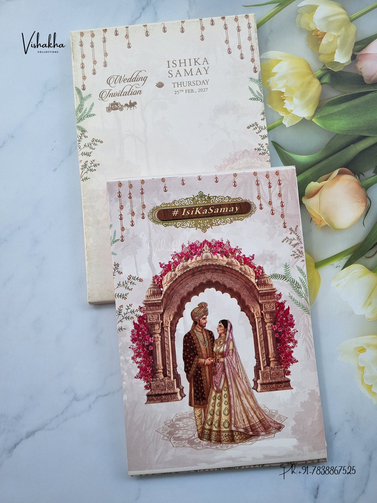 Semi Box Flower Dulah Dulhan Hindu Sikh Jain invitation Cards ATS-5355 – image 1