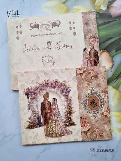 Semi Box Double Door Ganesh Ji Dulah Dulhan Hindu Jain invitation Cards ATS-5357 – image 1