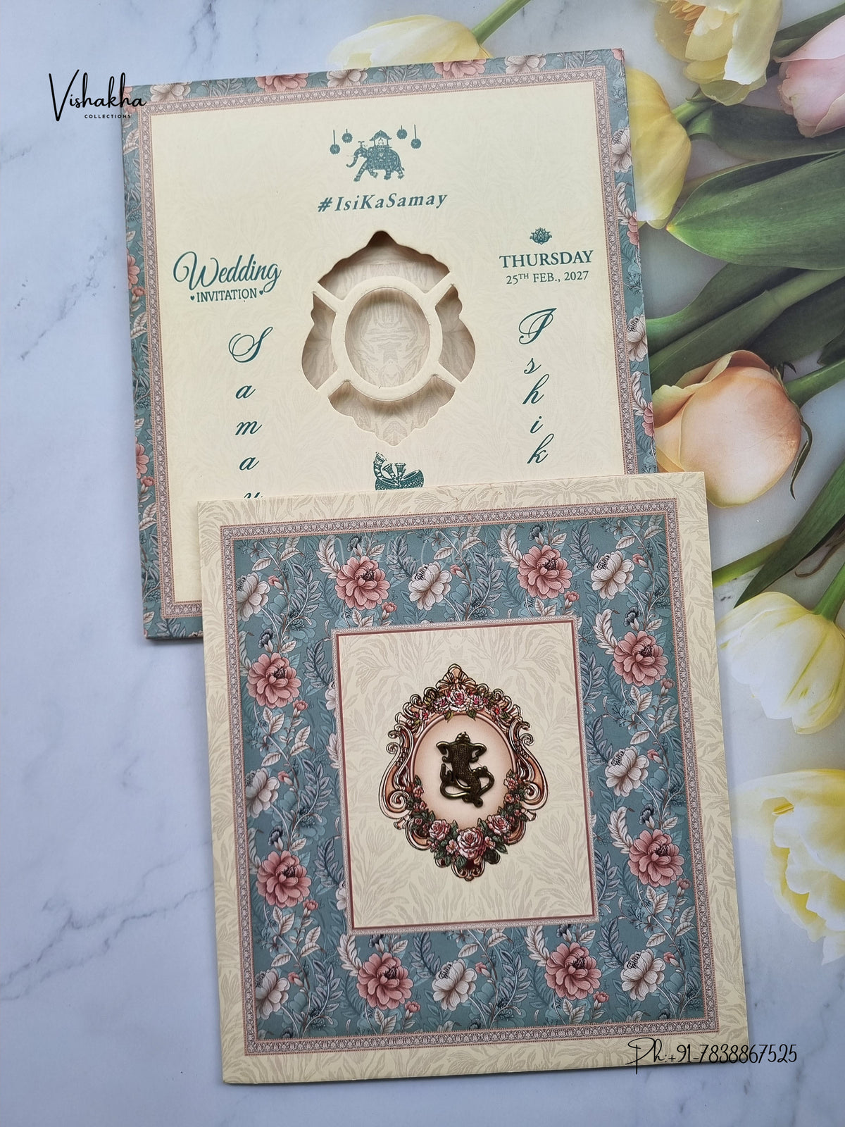 Semi Box Ganesh Ji Flower Hindu Jain invitation Cards ATS-5360 – image 1