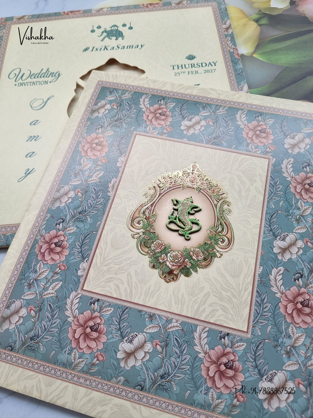 Semi Box Ganesh Ji Flower Hindu Jain invitation Cards ATS-5360 – image 2