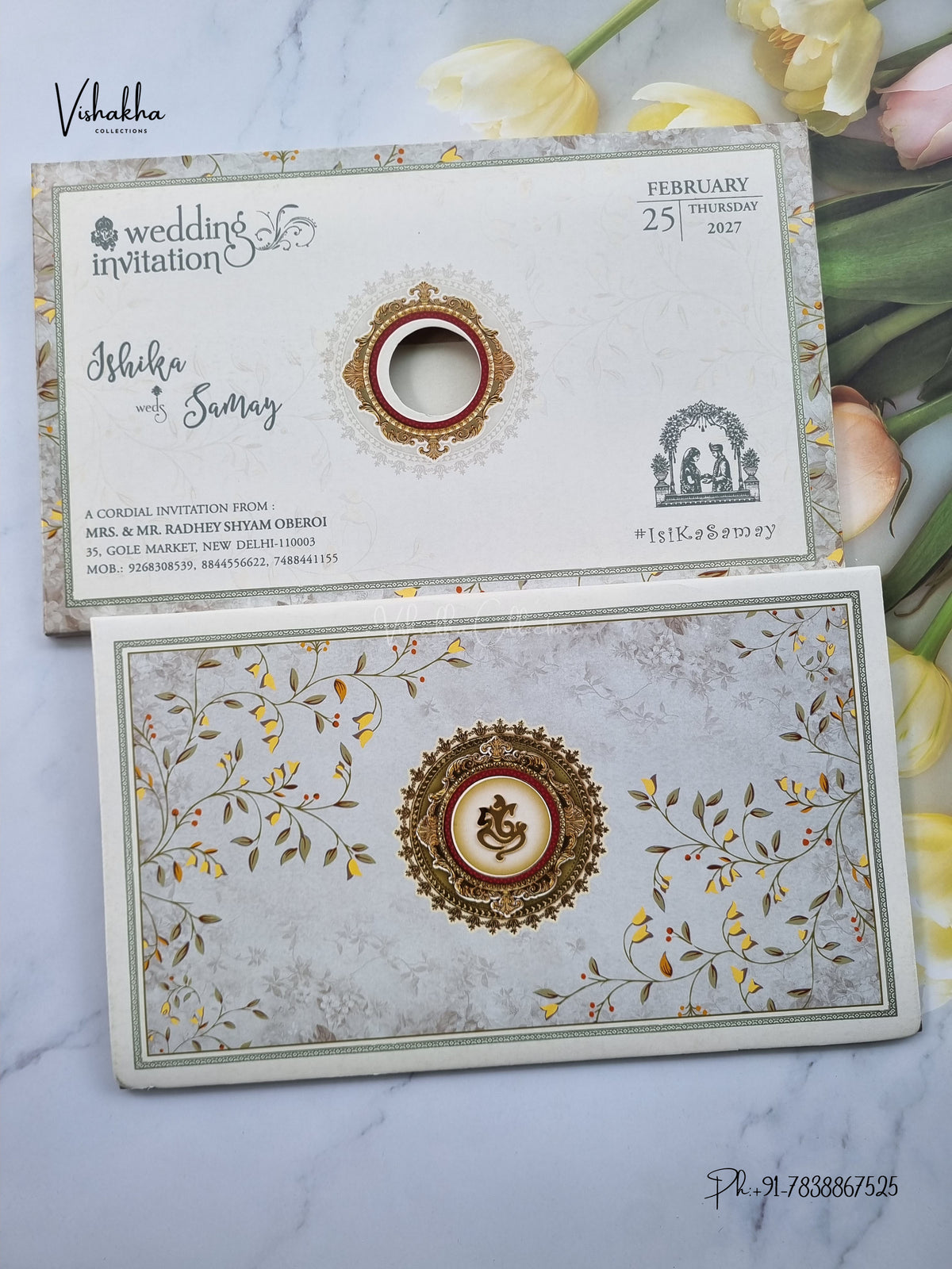 Semi Box Ganesh Ji Flower Hindu Jain invitation Cards ATS-5363 – image 1