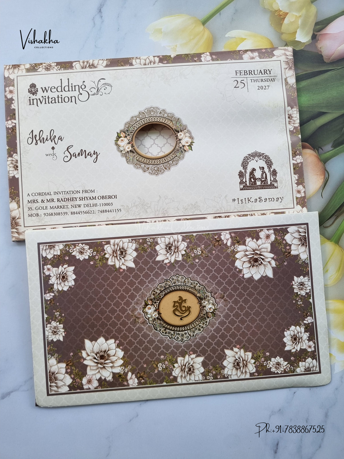 Semi Box Ganesh Ji Flower Moroccan Hindu Jain invitation Cards ATS-5370 – image 1