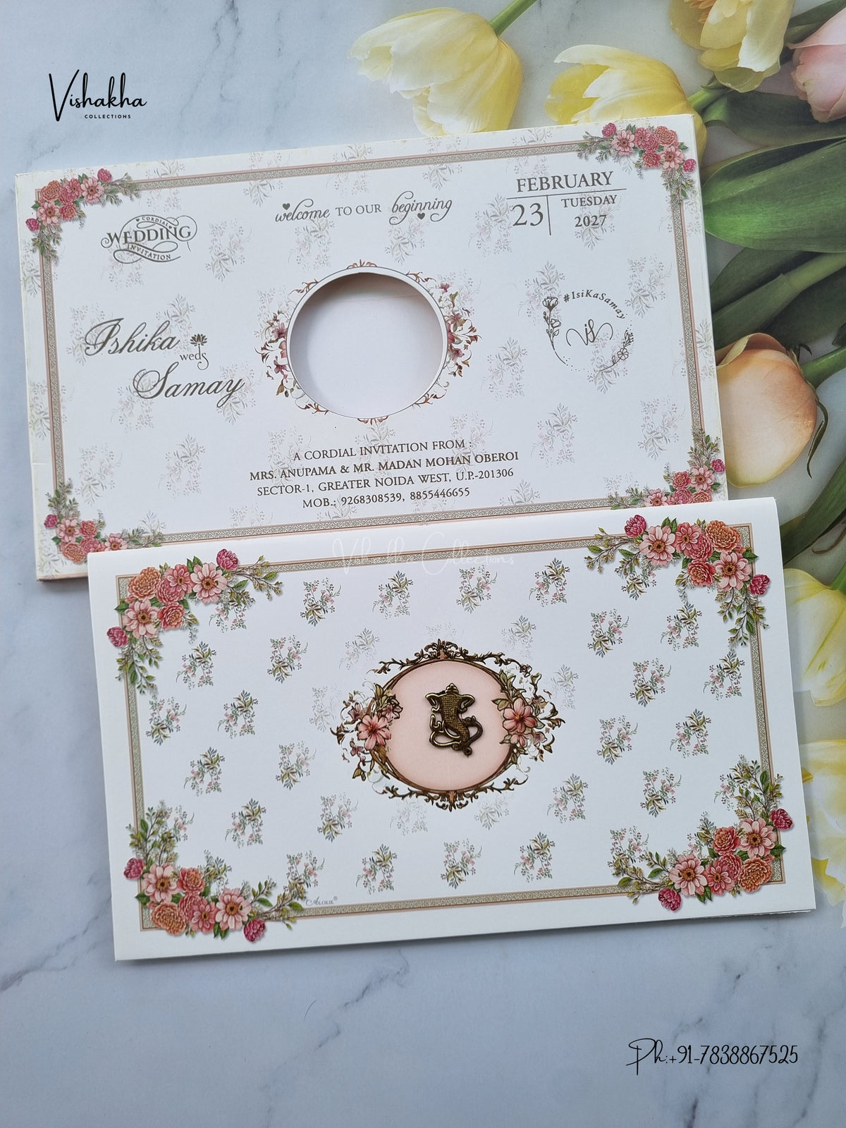 Semi Box Ganesh Ji Flower Hindu Jain invitation Cards ATS-5374 – image 1