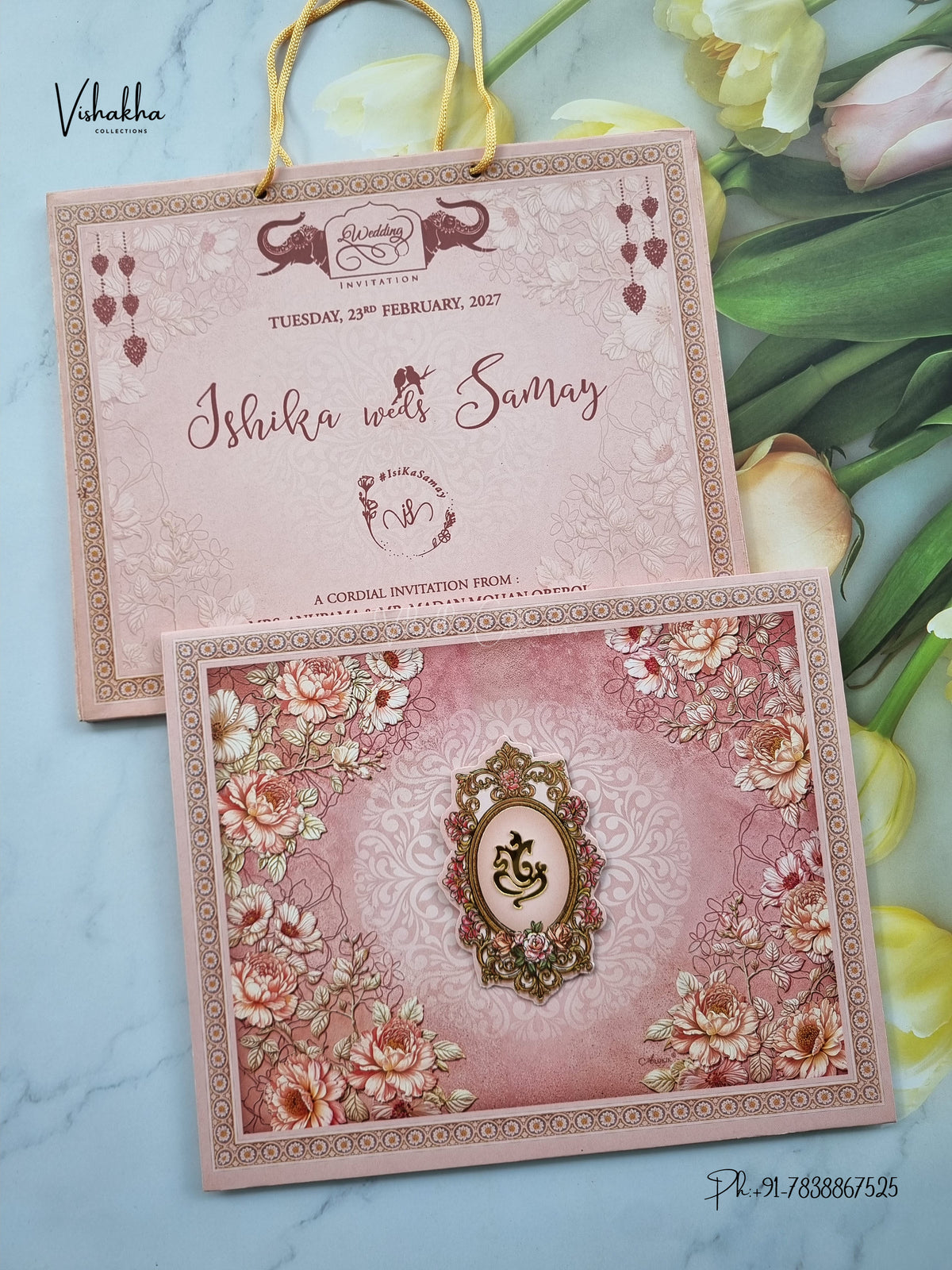 Semi Box Carry Bag Ganesh Ji Flower Hindu Jain invitation Cards ATS-5382 – image 1