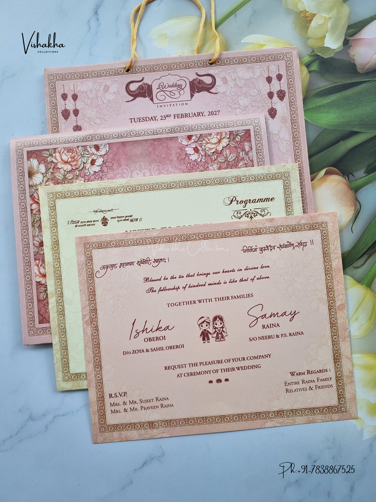 Semi Box Carry Bag Ganesh Ji Flower Hindu Jain invitation Cards ATS-5382 – image 3