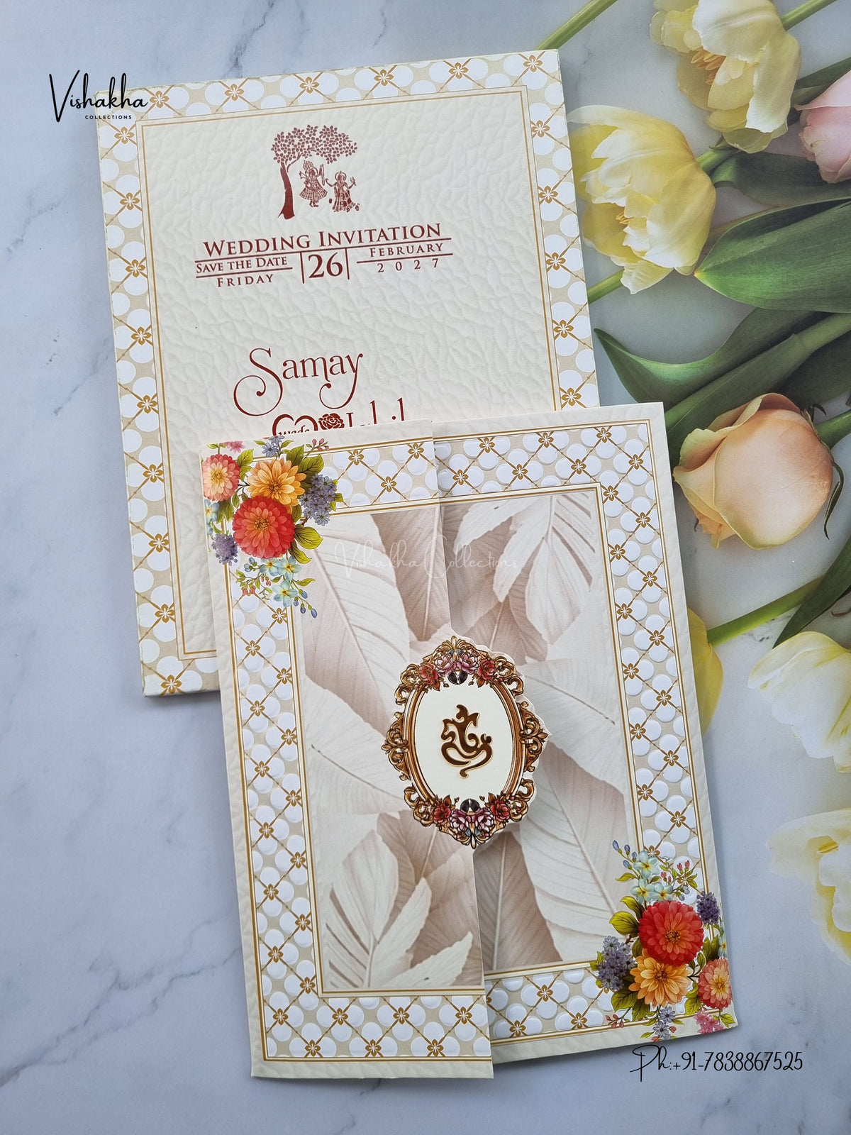 Semi Box Double Door Ganesh Ji Flower Hindu Jain invitation Cards ATS-5395 – image 1