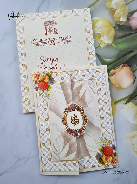 Semi Box Double Door Ganesh Ji Flower Hindu Jain invitation Cards ATS-5395 – image 1