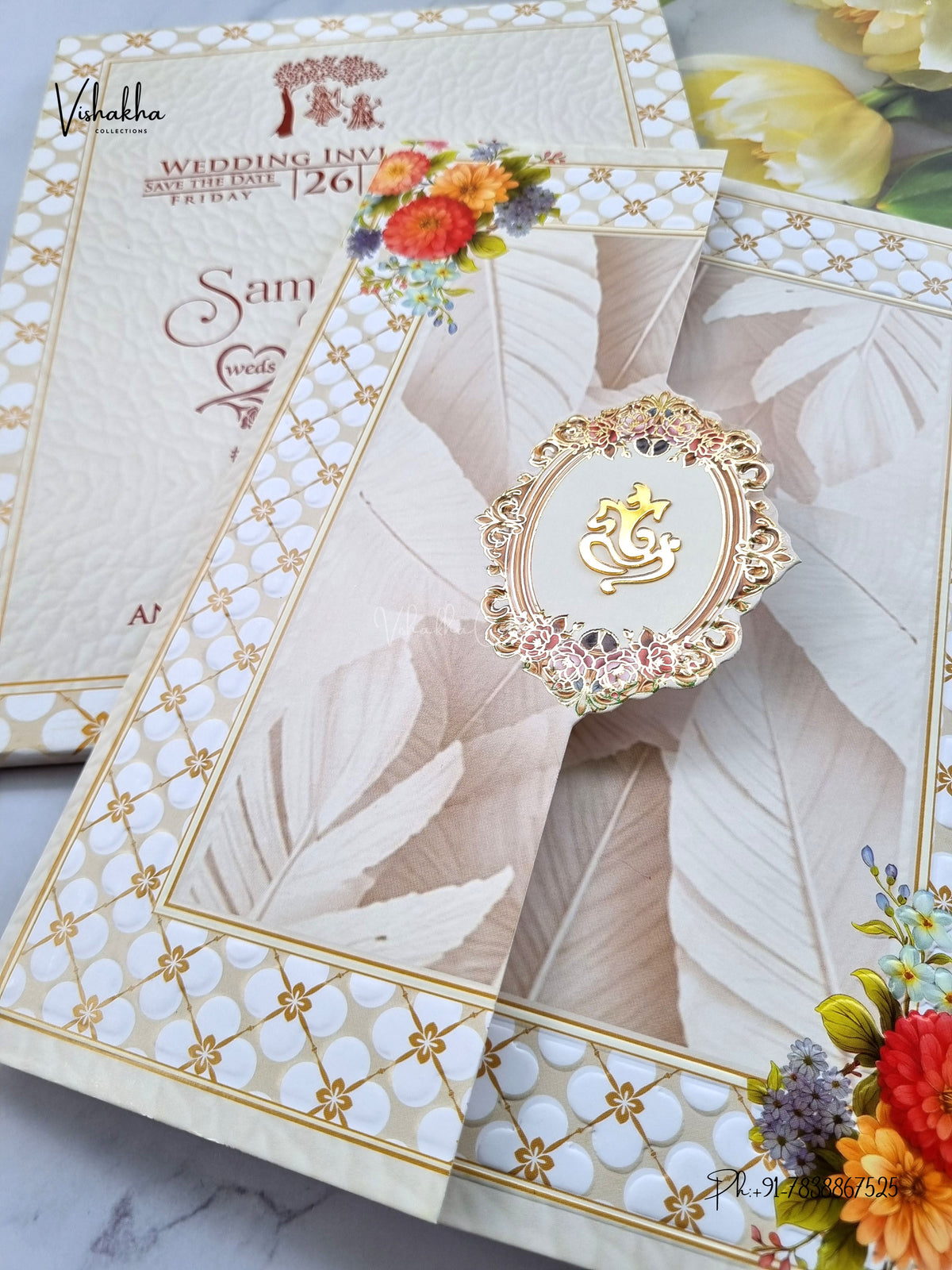 Semi Box Double Door Ganesh Ji Flower Hindu Jain invitation Cards ATS-5395 – image 2