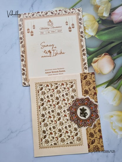 Three Fold Direct Card Rangoli Ganesh Ji Hindu Jain invitation Cards ATS-9113 – image 1